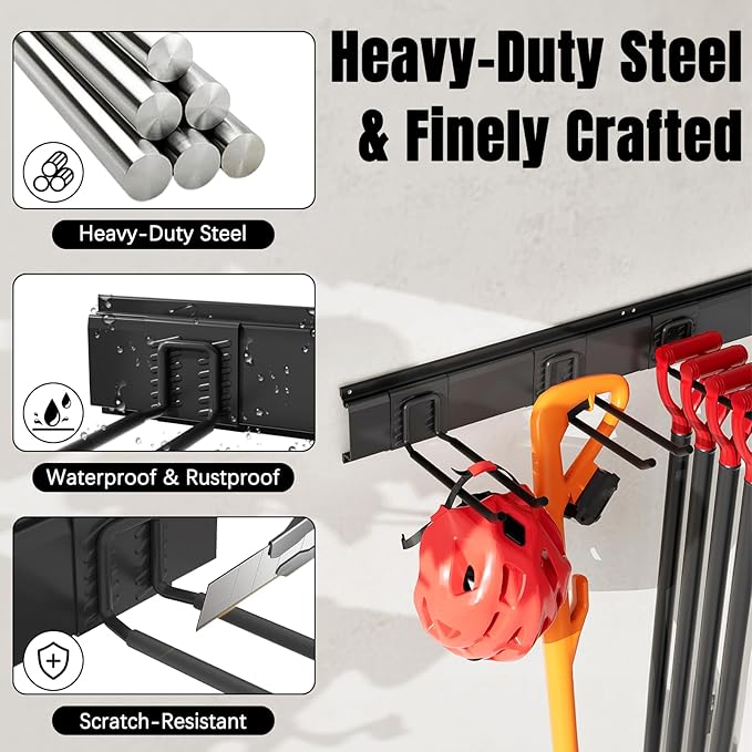 Garage Garden Tool Organizer Wall Mount, Heavy Duty Garage Tool Storage Rack 64 Inches, Max Load 440lb - Shovel, Rake, Folding Chair, Weed Eater Storage
