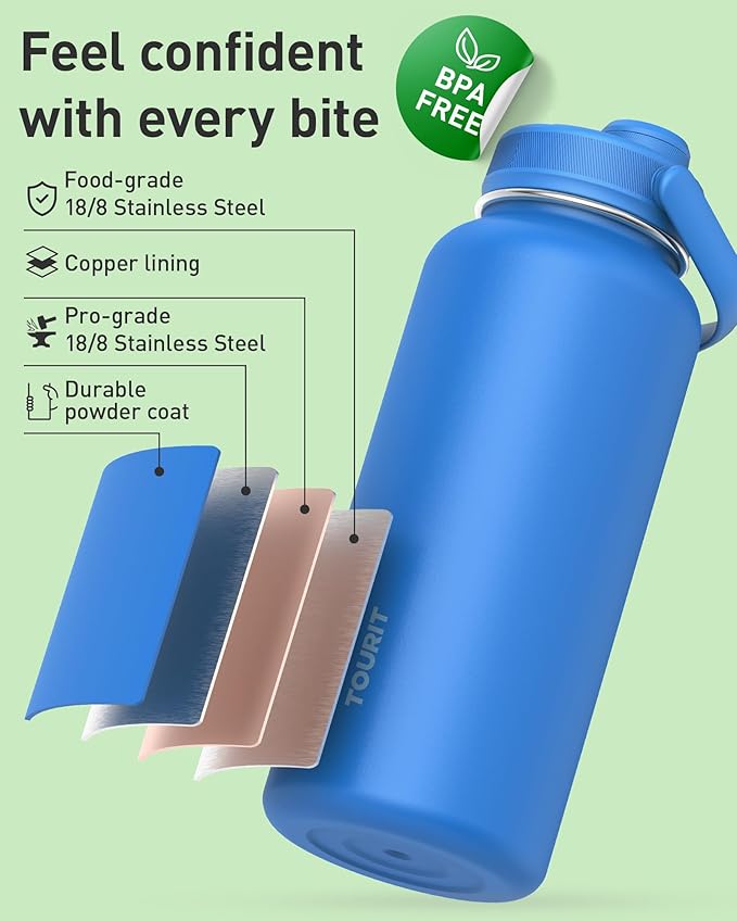 TOURIT 32 oz Insulated Water Bottle, Stainless Steel Sports Water Bottles With Top Handle, Double-Wall Travel Thermal Water Flask, BPA Free Leakproof Water Bottle,Pink leopard print
