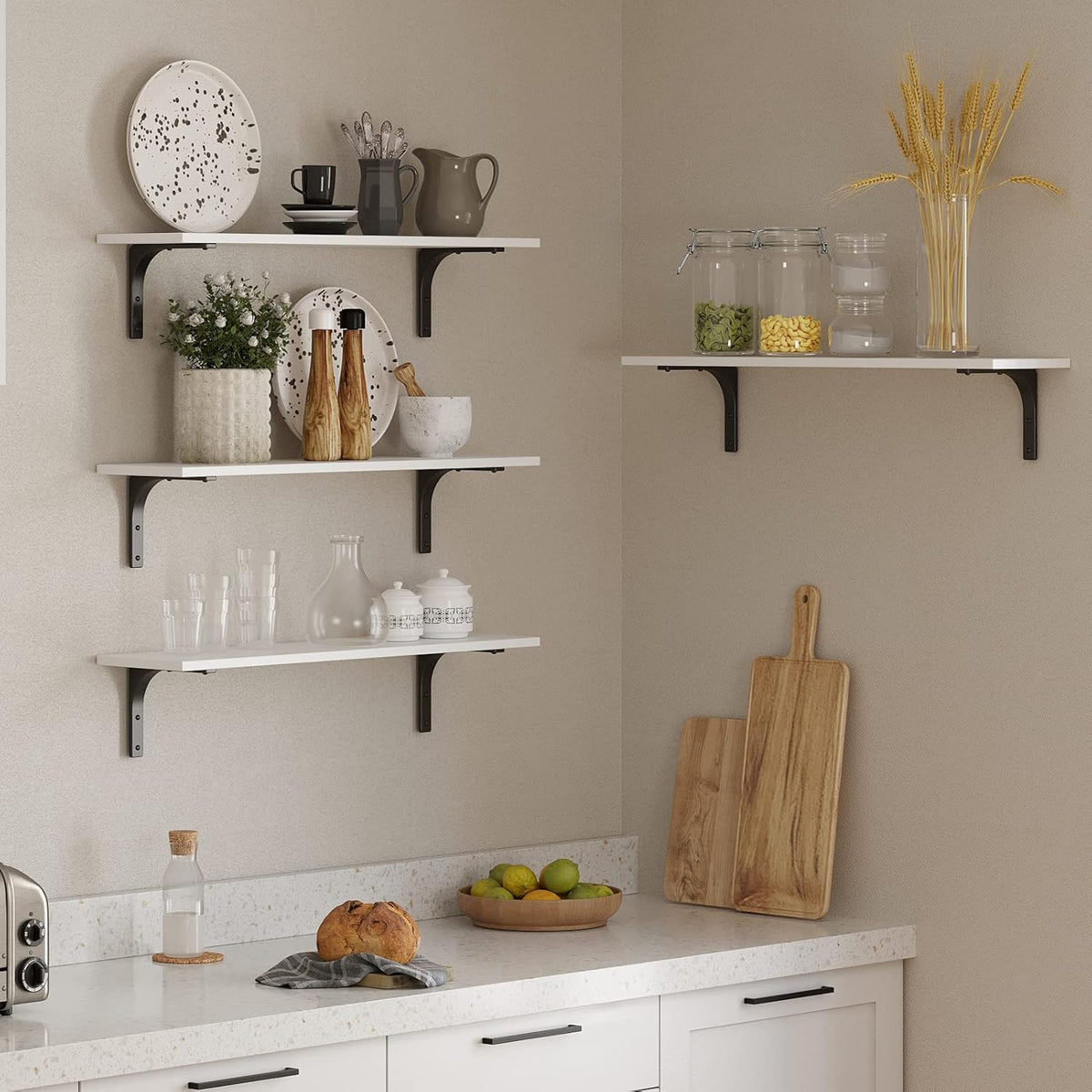 DINZI LVJ Long Wall Shelves, 31.5 x 7.9 x 6.1 Inches, Set of 2 White Floating Shelves, Easy-to-Install, Large Storage Ledges with Sturdy Metal Brackets for Living Room, Bathroom, Bedroom, Kitchen