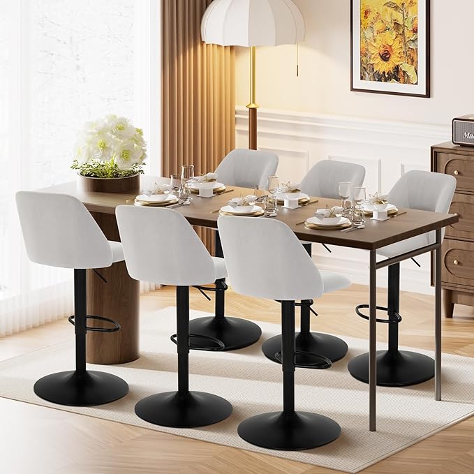 COLAMY Bar Stools Set of 4, Modern Swivel Bar Chairs, Adjustable Upholstered Barstools Counter Height with Full Backrest for Bar, Dining Room, Kitchen Island, Grey