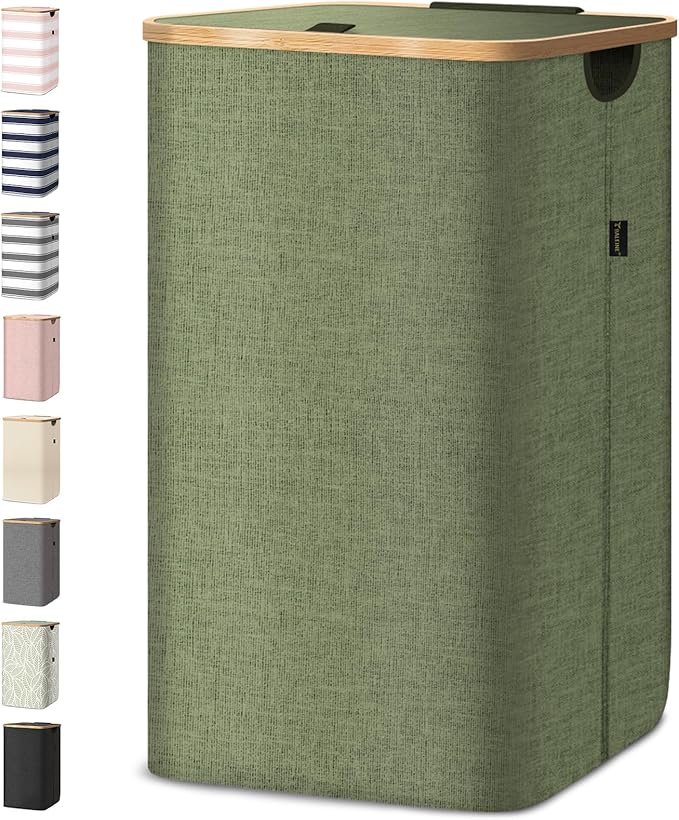 BALEINE Laundry Hamper with Lid, Tall Laundry Baskets with Bamboo Pull Handles, Large Laundry Bin with Internal Support (26 Gal/100L, Green)