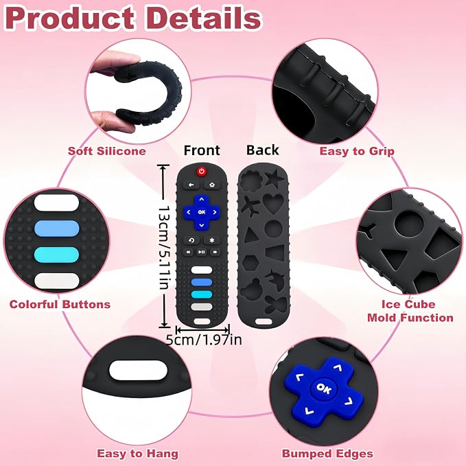2Pcs Baby Teething Toys, BPA-Free Food Grade Silicone Baby Remote Control Teething Toy for 3-18 Months, Teething Relief Baby Toys, Teething Relief Newborn TV Remote Shaped Toy (Black&Pink)