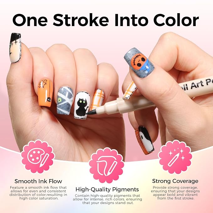 6 Colors Nail Art Pens Set, 3D Nail Polish Pens Quick-Drying Acrylic Paint Markers, Dotting Liner Brush for DIY Nail Design, Home & Salon Manicure Tools