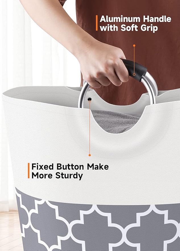 Large Laundry Basket Laundry Hamper Bag Washing Bin Clothes Bag Collapsible Tall with Handles Waterproof Travel Bathroom College Essentials Storage for College Dorm, Family (Grey) 82L