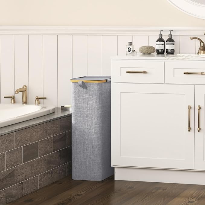 Lifewit 75L Slim Laundry Hamper with Lid, Narrow Laundry Basket with Removable Bag & Bamboo Handles, Fodable Thin Dirty Clothes Hamper for Laundry Collapsible Bin for Bathroom Bedroom Dorm, Gray