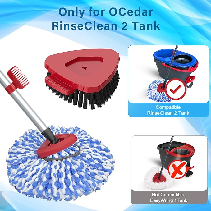 2 Pack Spin Mop Heads Replacement Compatible with O Cedar RinseClean 2 Tank, Upgraded Scrub Brush,4 Section Mop Handle and 1 Base Combo Set, Microfiber Replace Head Refill