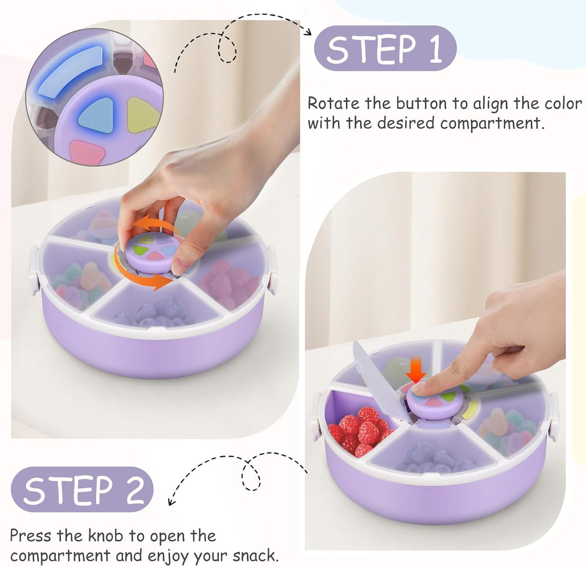 Kids Snack Spinner – Reusable Snack Container with 5 Compartments & Lid, BPA/PVC-Free, Dishwasher Safe, Perfect for Travel, School Lunches & On-the-Go Snacking, Purple