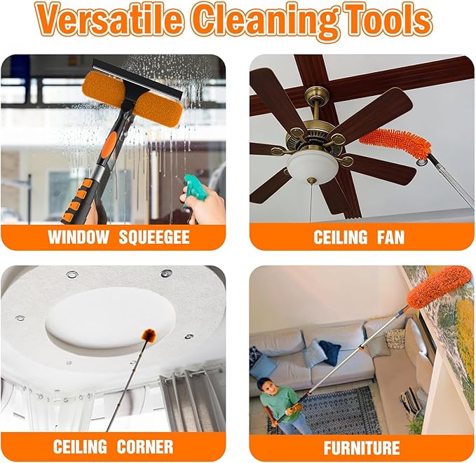 36FT High Reach Duster Cleaning Kit with Extension Pole, High Ceiling Fan Cleaner Duster Tool for Fan Blades, Window Washing Kit with Microfiber Feather Duster & Window Squeegee & Bucket
