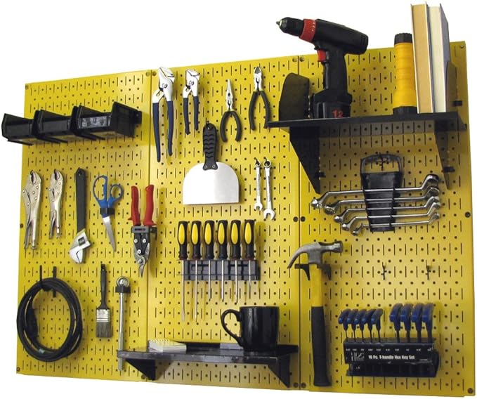 Wall Control 4 ft Metal Pegboard Standard Tool Storage Kit with Yellow Toolboard and Black Accessories