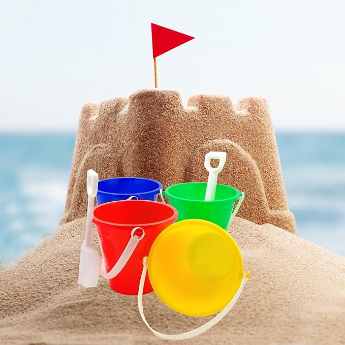 The Dreidel Company 6-Count Beach Day Playsets 5.25" Inch Sand Bucket Play Set Box Includes, Pail & Shovel Sand Toy for Boys and Girls Birthday Party Favor