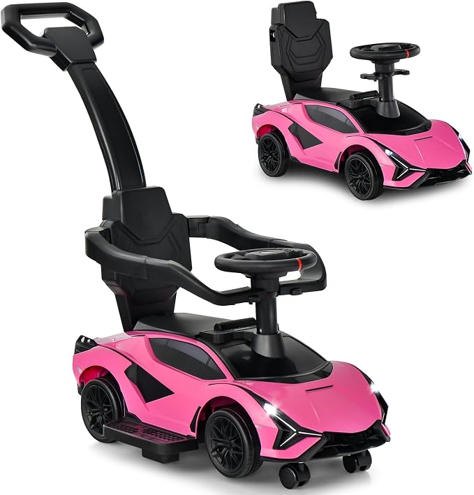 INFANS 3 in 1 Ride on Push Car, Licensed Lamborghini Baby Stroller Sliding Walking Car with Parent Control Handle, Music, Headlight, Under Seat Storage, Kids Foot-to-Floor Toy for 18-60 Months (Pink)