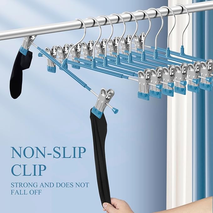 14Inch Blue Pants Hangers with Clips 10 Pack Adjustable Skirt Hangers for Women Non-Slip Trousers Hanger for Jeans Clothes Hangers for Pants Heavy Duty Space Saving Shorts Hangers