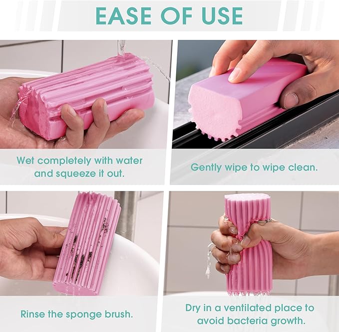 4 Pack Damp Dusting Sponge Duster, Pink Dust Cleaning Sponge, Reusable Household Cleaning Sponge Tool for Blinds, floorboards, Fan Blades, Vents, Glass, Railings, Mirrors