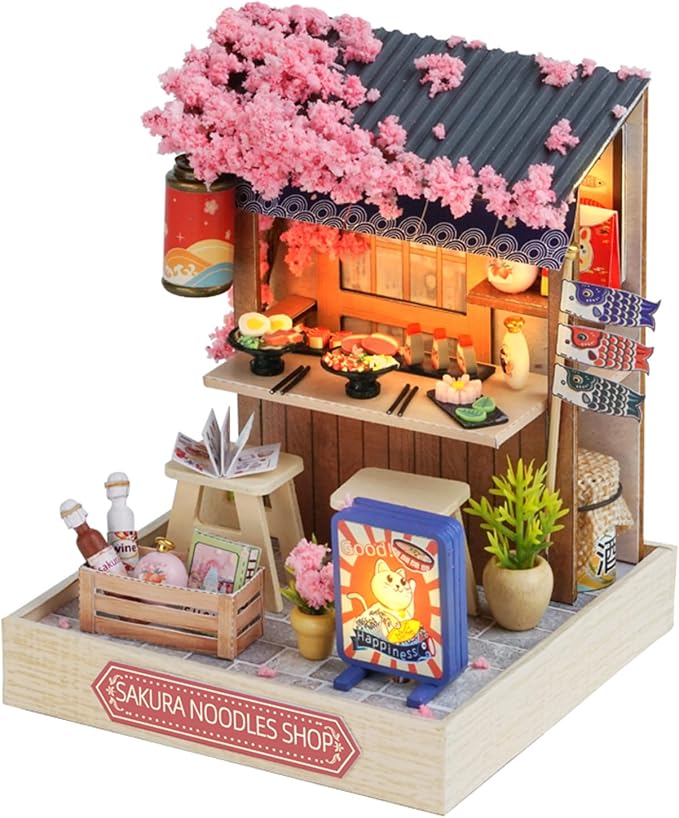 Kisoy Dollhouse Miniature with Furniture Kit, DIY 3D Wooden DIY House Kit with Dust Cover, Handmade Tiny House Toys for Teens Adults Gift (Sakura Noodles Shop)
