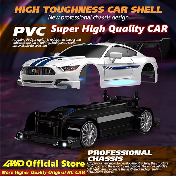 1:24 Scale RC Drift Car 4WD 2.4GHz 30KM/H High Speed Racing Sport Toy Car with LED Lights, Racing and Drift Wheels (8606-White)