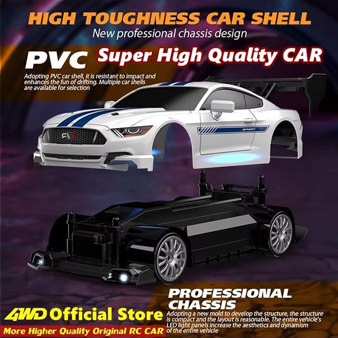 1:24 Scale RC Drift Car 4WD 2.4GHz 30KM/H High Speed Racing Sport Toy Car with LED Lights, Racing and Drift Wheels (8607-Black)