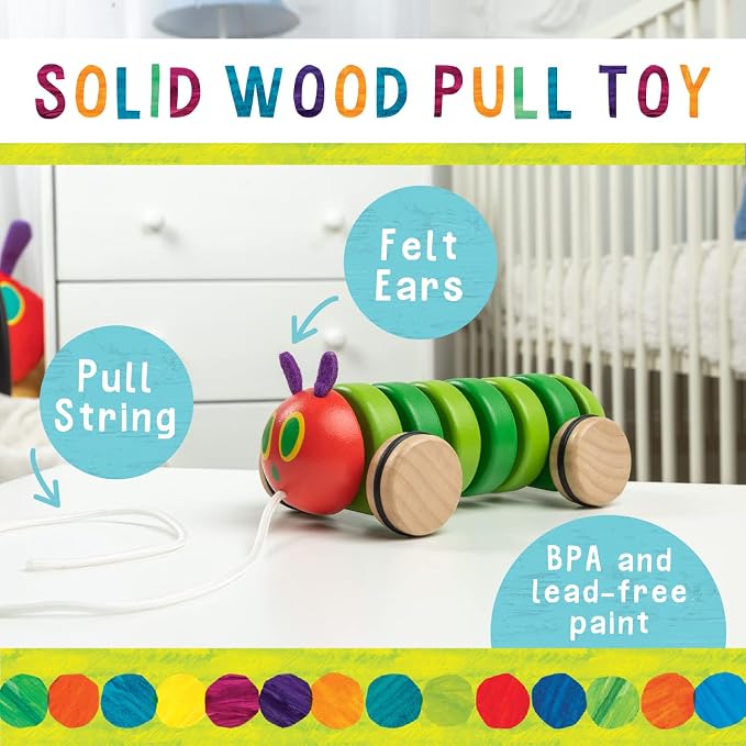 Kids Preferred World of Eric Carle The Very Hungry Caterpillar Wooden Pull Toy Classic Pull Toy Shaped Like The Very Hungry Caterpillar for Toddlers and Kids