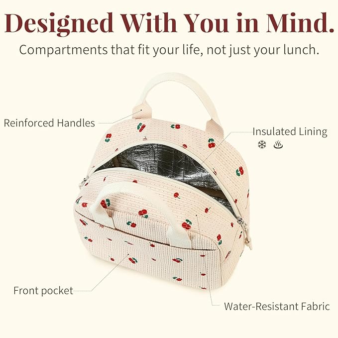 Insulated Cherry Lunch Bag for Women, Stylish Corduroy Tote with Aluminum Lining, Large Capacity Reusable Cooler for Work, Travel, Beach or Picnic, Beige Cream Water-Resistant Lunch Box