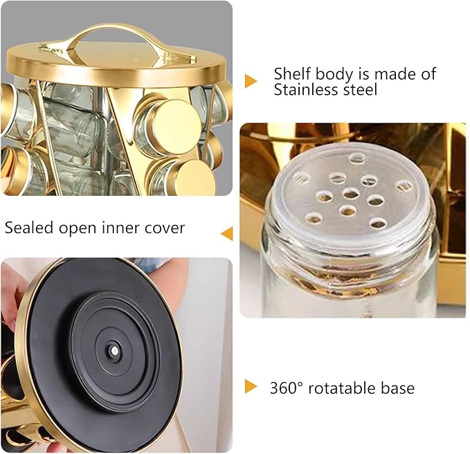 Portable Stainless Steel Spice Rack with 16 Spice Jars Included Revolving Spice Organizer for Kitchen Tower Storage Rack for Spices and Seasoning Gold