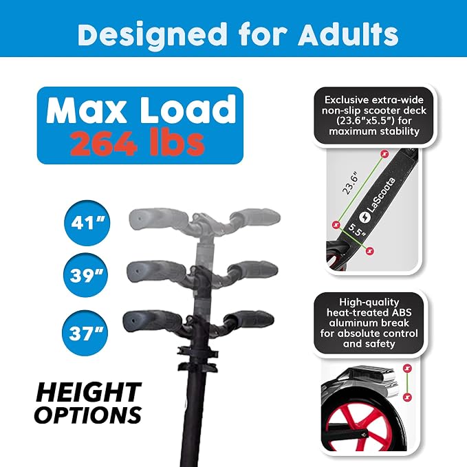 LaScoota Kick Scooter for Kids Ages 6+, Teens & Adults, Large 8" Sturdy Urethane Wheels. Adjustable Handlebar, Lightweight, Foldable, 220lbs Max Load