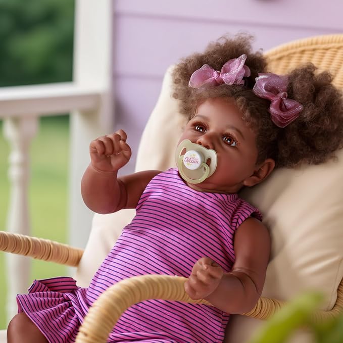 JIZHI Reborn Baby Dolls Black - 22 Inch Lifelike Soft Body Realistic-Newborn Baby Dolls Taupe Eyes Caramel Skin Tone Pink Striped Skirt Real Life and Toy Accessories Gift for Kids Age 3