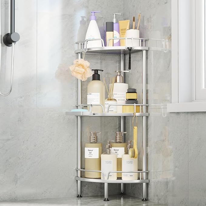 Consumest Corner Shower Caddy Stand - 3 Tier Shower Organizer with Soap Holder, Tall Floor Corner Shelf Standing with Adjustable Feet & 4 Hooks, Storage Rack for Bathroom, Silver