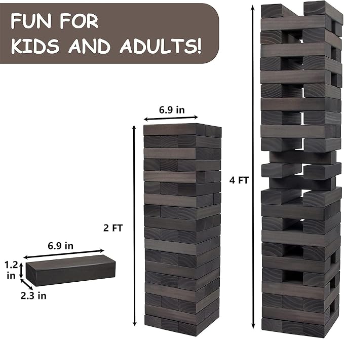 Juegoal 54 Piece Giant Tumble Tower Grey for Adult Kids Family, Wooden Block Stacking Game with Gameboard & Canvas Bag, Outdoor Games for Backyard Lawn Party Playing, 6.9 x 6.9 x 24 Inches,X-Large