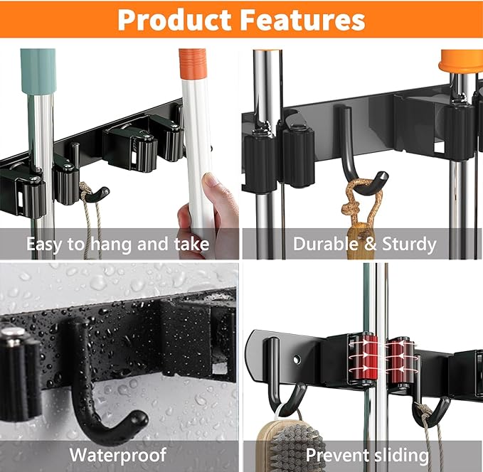 Mop and Broom Holder Wall Mount, Upgraded Broom Organizer Wall Mount, Stainless Steel Broom Hanger Wall Mount for Kitchen Garden Laundry Room Decor(4 Racks with 5 Hooks Black)