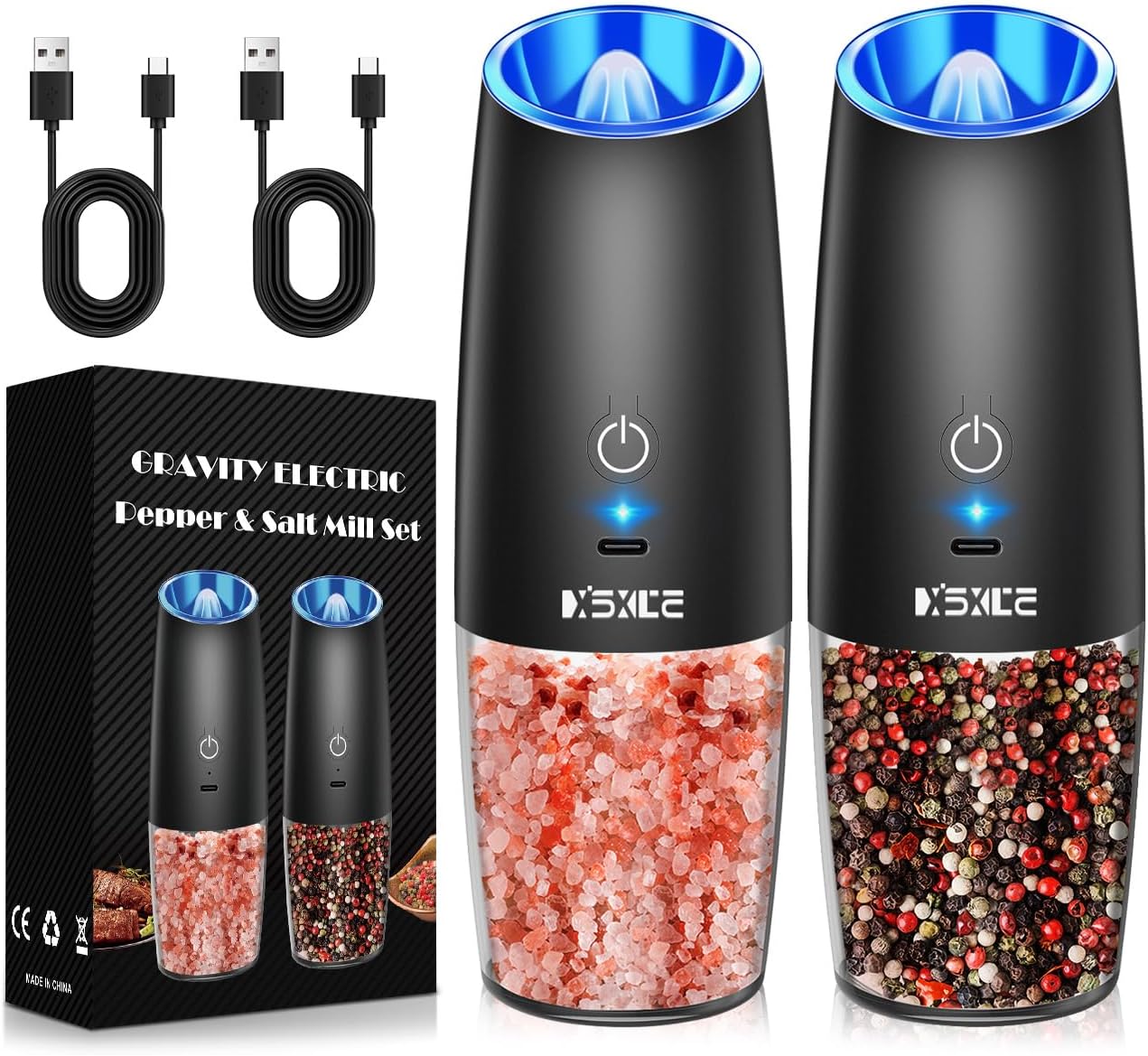 XinXu Rechargeable Pepper and Salt Grinder Set, No Battery Needed, whit Gravity Sensing Switch and LED Light, One Hand Automatic Operation -2 Pack/Black