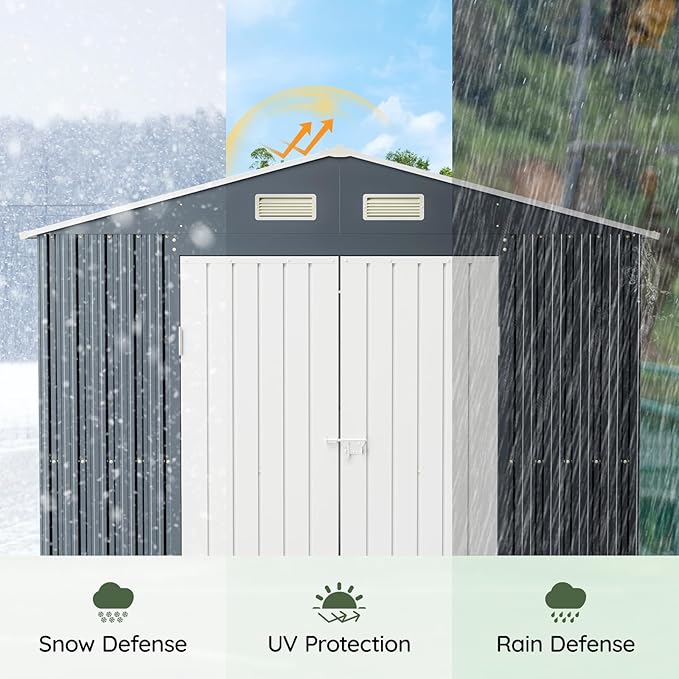 Breezz 10X8FT Outdoor Steel Storage Shed with Clear Window, Lockable Doors, Frame Floor,Weather-Resistant Metal Tool Shed for Garden, Backyard, Patio, and Utility Storage