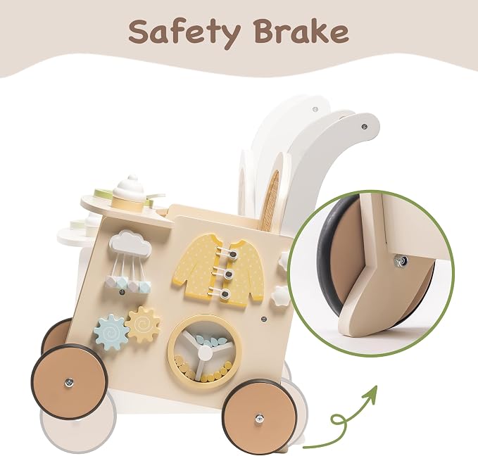 ROBOTIME Wooden Baby Walker, Baby Push Walker, Baby Activity Center Toys - Toddler Walking Activity Center Push Toys with Safety Brake, Baby Walker for Motor Skills (Rattan Doll Walker)