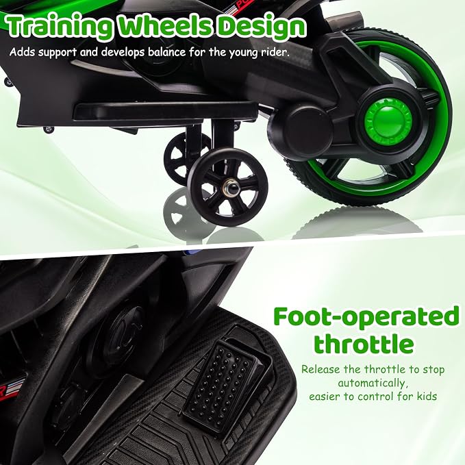 Kids 6V Ride On Motorcycle, Battery Powered Ride On Toys w/Treaded Tires, Working Headlight, Horn, Music, Training Wheels, Stable Electric Toddler Motorcycle for Kids, Gift for Boys Girls, Green