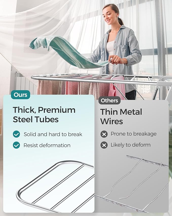 SONGMICS Clothes Drying Rack, Foldable 2-Level Laundry Drying Rack, Free-Standing Laundry Airer, with Height-Adjustable Wings, 33 Drying Rails, Sock Clips, Silver and White ULLR053W01V1