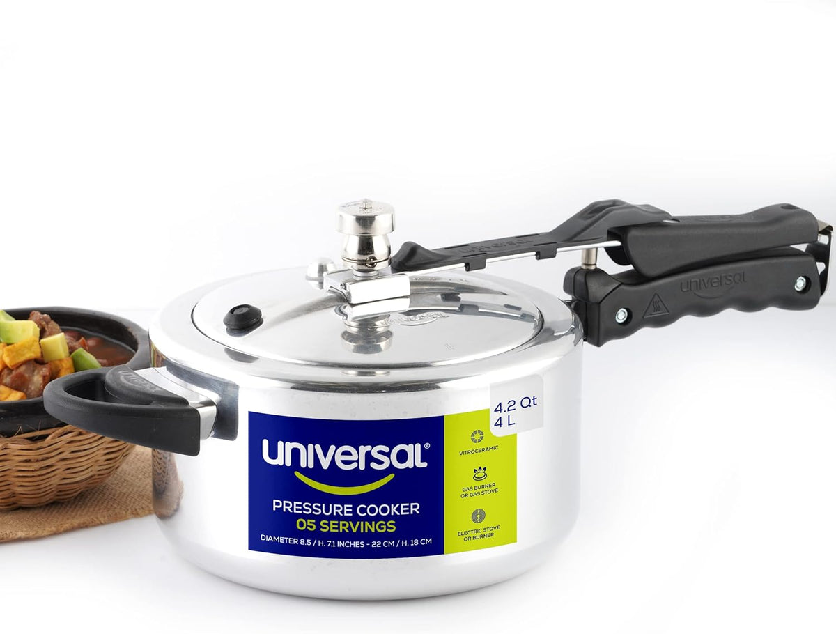 Universal (4.2 Quart / 4 Liter) Pressure Cooker, 5 Servings, Aluminum Pressure Cooker With Multiple Safety Systems and Heat Resistant Handles For Stews, Soup, Meat, and Beans