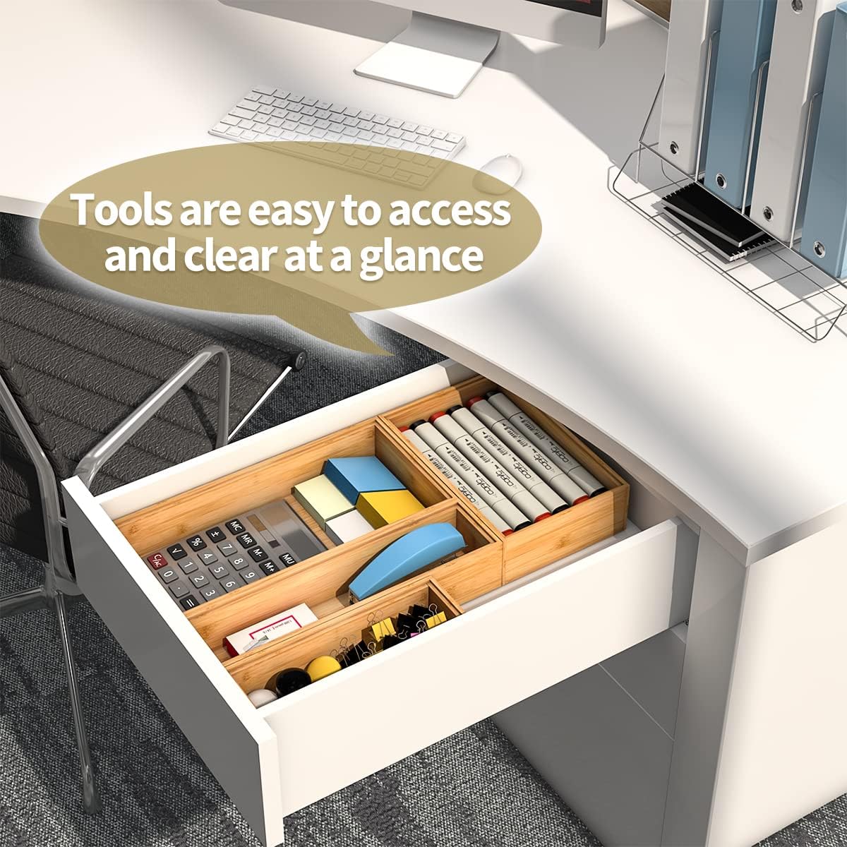 Bamboo Kitchen Drawer Organizer, Stackable Silverware Tray Utensil Organizer Cutlery Holder for Kitchen,Wooden Storage Box for Bathroom, Multi-Use Storage Bins Dividers for Office(12x3x2.5 inch）