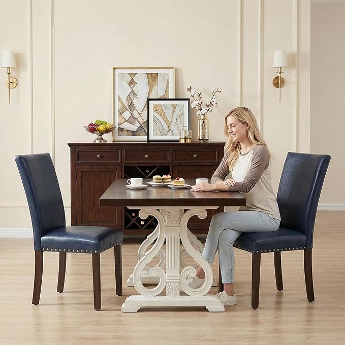 Furniliving Upholstered Dining Chairs Set of 2 - PU Leather Modern Farmhouse Kitchen Chairs, High-Back Dining Room Chairs with Wooden Legs for Kitchen Dining Room Living Room.Blue
