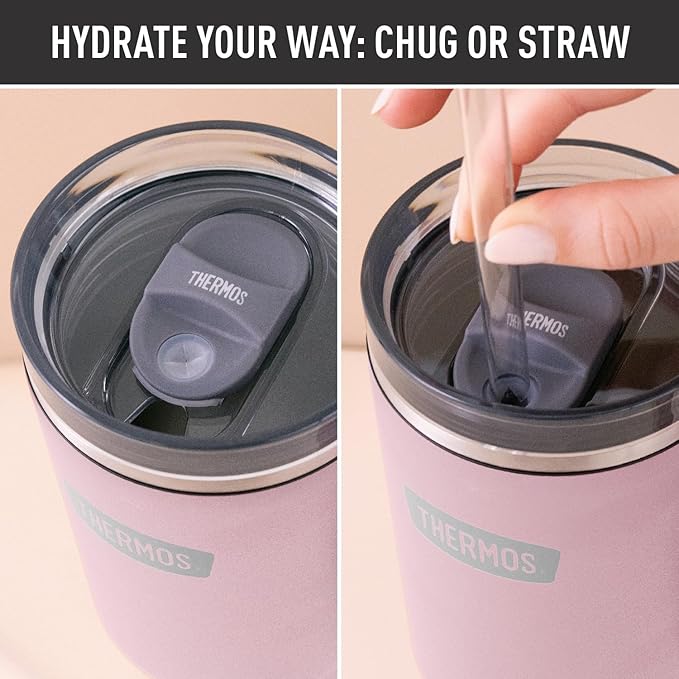 THERMOS Stainless Steel Cup Holder Mug - 40 Ounce, Sunset Pink - Insulated Tumbler with Lid and Straw, Plus Leak-Resistant Slide Lock