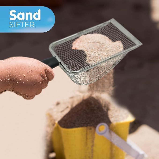 4E's Novelty 2X Shark Tooth Sifter for Beach with 2X Small Mesh Beach Bag for Shell Collecting, Metal Sand Scoop for Picking Up Shells - Beach Toys for Kids (2 Sets)