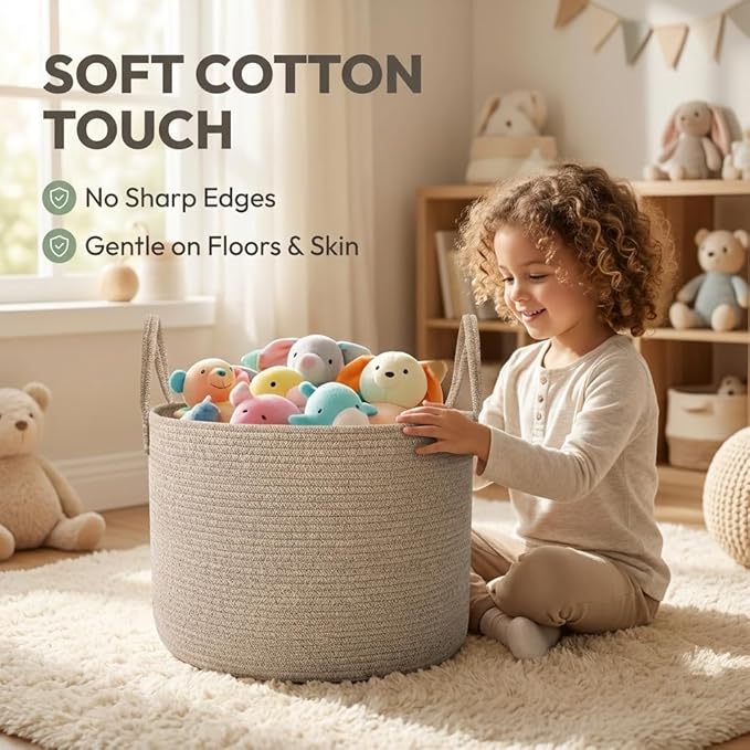 65L Extra Large Blanket Basket for Living Room - Woven Cotton Rope Laundry Hamper with Reinforced Handles - Storage Bin for Pillows, Comforters & Toys - Machine Washable,Oatmeal