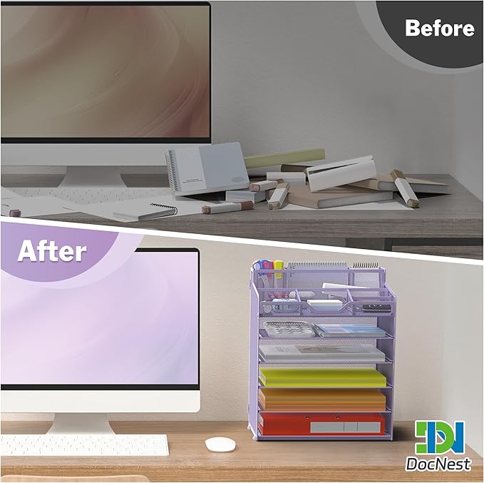 Docnest 6 Tier Mesh Desk Organizer for Paper Office Supplies – Multi-Functional Letter Tray with 5 Adjustable Compartments, 3 Pen Holders, Desktop Storage for Files, Mail, Stationery – Purple