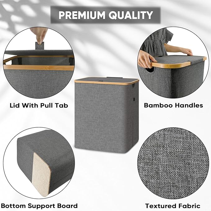 BALEINE Laundry Hamper with Lid, Tall Laundry Baskets with Bamboo Pull Handles, Large Laundry Bin with Internal Support (36 Gal/140L, Blue)