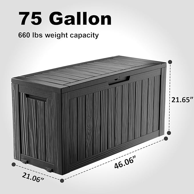 75 Gallon Outdoor Storage Box, Resin Deck Boxes Waterproof, Indoor Outdoor Bin for Package Delivery, Patio Cushions, Gardening Tools, Lockable, UV Resistant