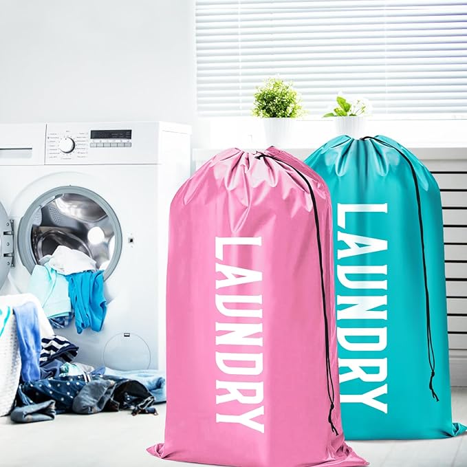 Fiodrimy 2 Pack XL Travel Laundry Bag, Machine Washable Dirty Clothes Organizer, Large Enough to Hold 4 Loads of Laundry, Easy Fit a Laundry Basket (Pink+Blue, 24" x 36")