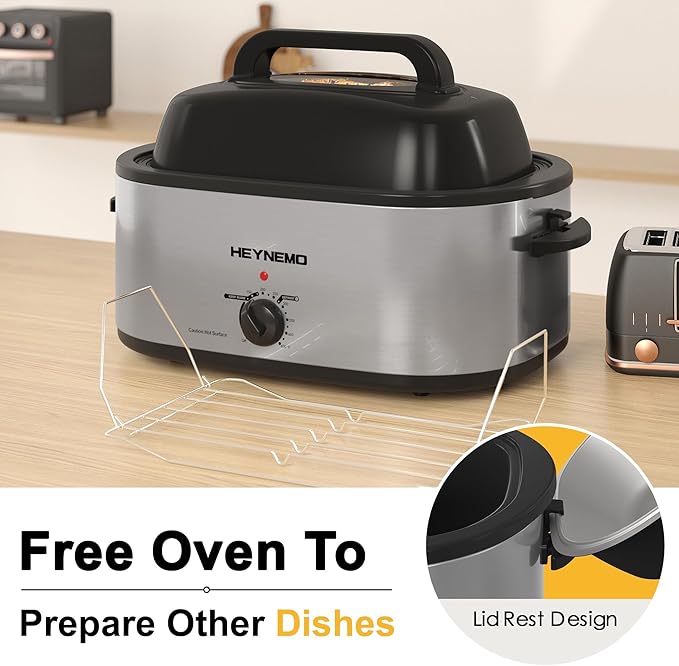 26Qt Turkey Roaster Oven Buffet with Self-Basting Lid, 1450W Electric Roaster Oven with Cool-Touch Handles, Stainless Steel Roaster Oven with Removable Pan and Rack, Silver