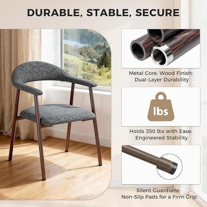 DUMOS Dining Chairs Set of 2, Linen Fabric Upholstered Kitchen Side Chairs with Curved Backrest & Metal Legs, Modern Farmhouse Accent Chairs for Dining Room Kitchen Living Room Cafe, Gray