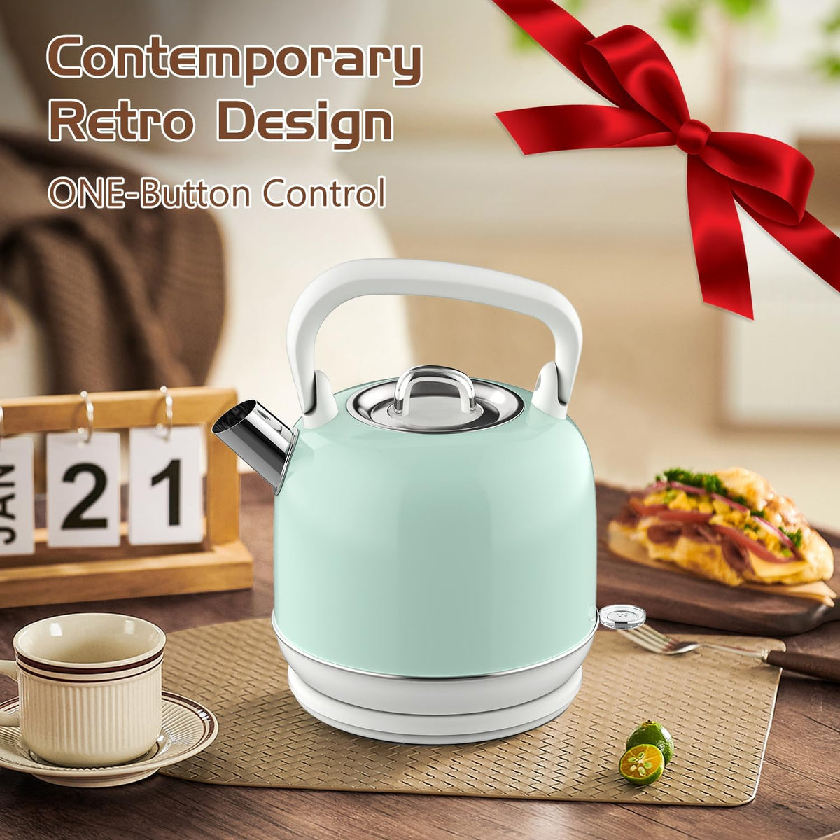 Electric Tea Kettle, 1500W Electric Kettle for Boiling Water, Food Grade Stainless Steel 2L Tea Kettle with Ergonomic Handle, Hot Water Boiler Auto Shut-off, Boil-Dry Protection