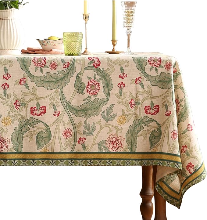 patdrea Designer French Vintage Rectangle Tablecloth,Green Linen Leaves Pattern Table Cloth,Decoration Floral Table Cover for Kitchen Dining Christmas,Thanksgiving,Party,63"x87"-Cecilia a