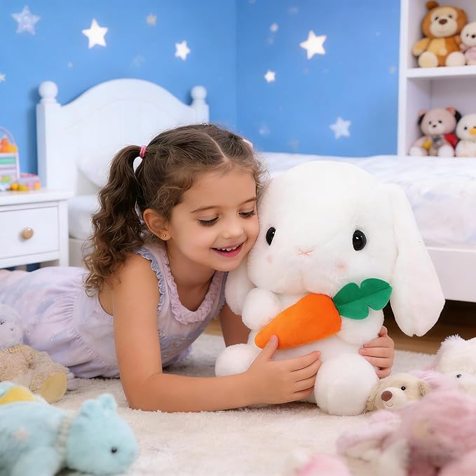 HOUPU Soft Toy - Sitting Lop Eared Rabbit, Easter White Rabbit Stuffed Bunny Animal with Carrot Soft Lovely Realistic Long-Eared Standing Pink Plush Toys (White-Carrot,12.5in/32cm)