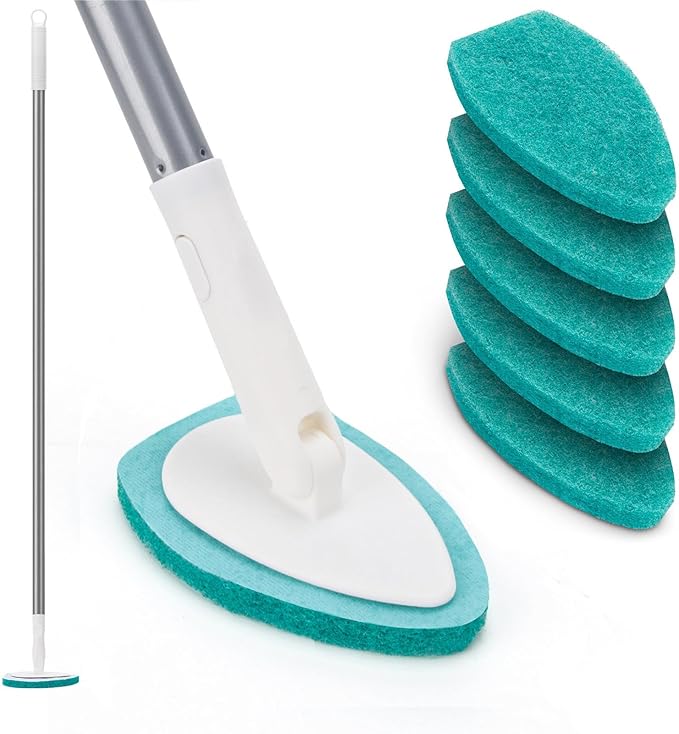 Shower Scrubber with Long Handle, 47'' Bathtub Scrub Brush, Bathroom Tub and Tile Cleaning Tool with 6 Refill Pads