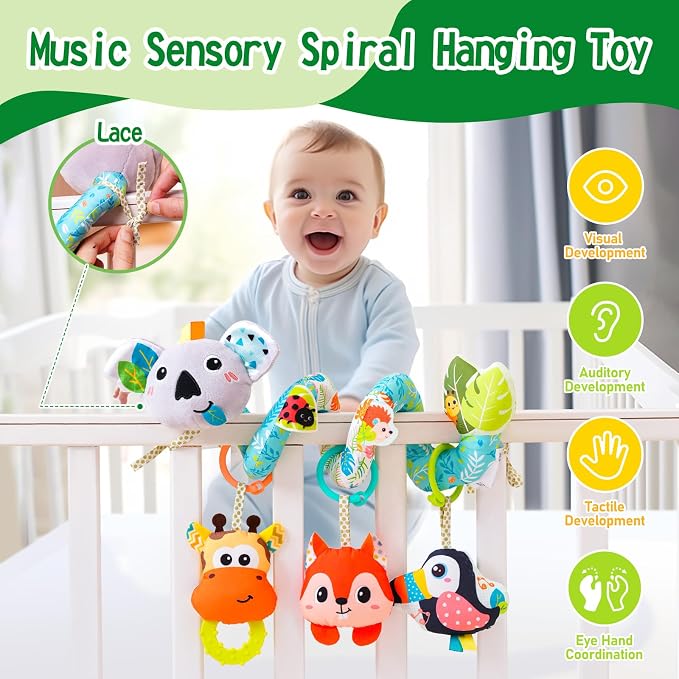 Jollybaby Crib Stroller Car Seat Toys for Baby 0-3-6-9-12 Months, Tummy Time Hanging Sensory Toys for Newborn with Music Box and Teether, Spiral Carseat Toy for Infant Boys Girls Gifts (Grey)